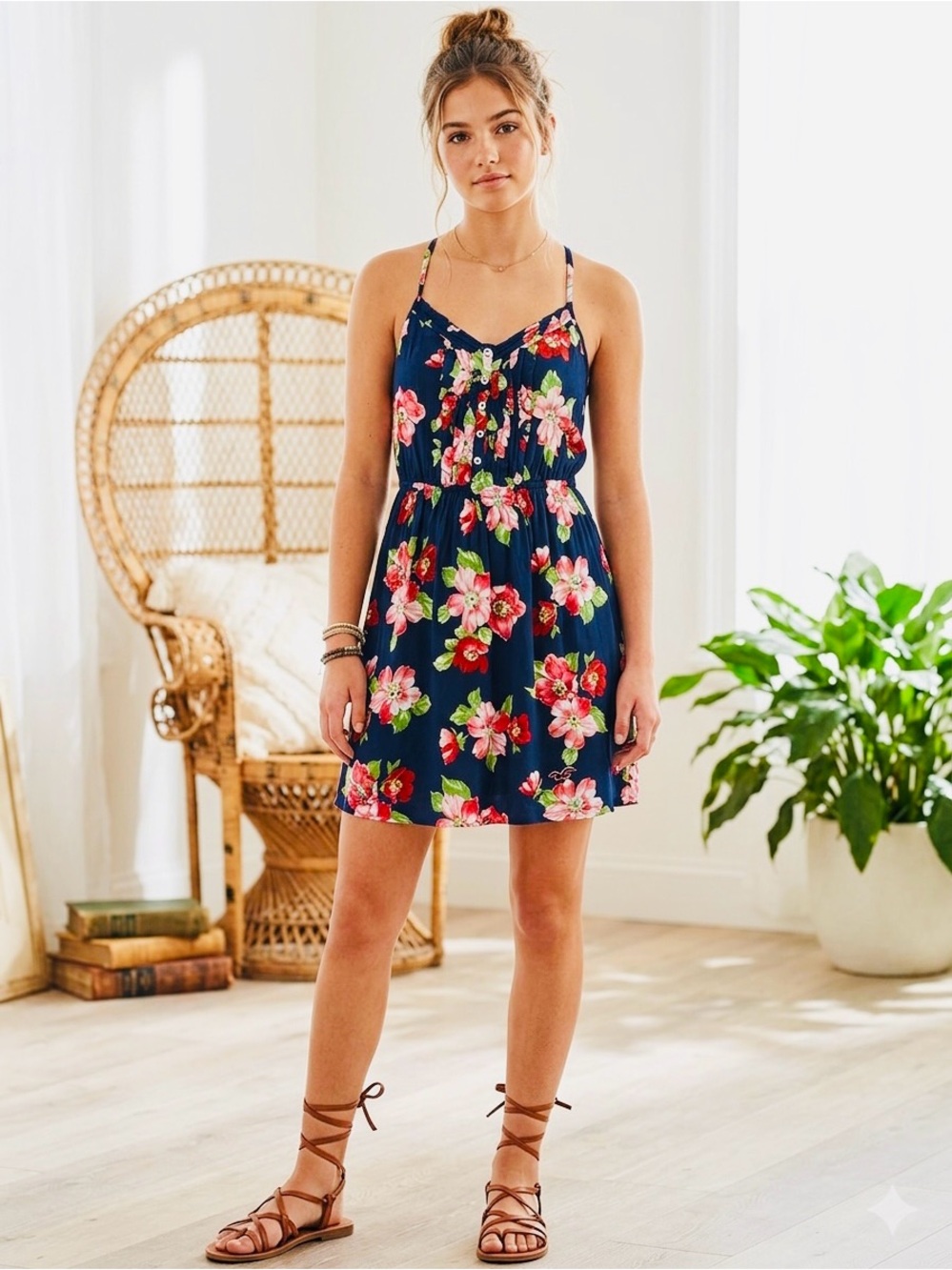 Hollister Floral Mini Dress Navy Blue Back Smocked Waist Small